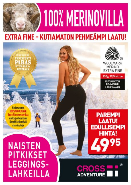 Cross Adventure, merinovillaiset naisten pitkikset leggings-lahkeilla, 100% merinovillaa